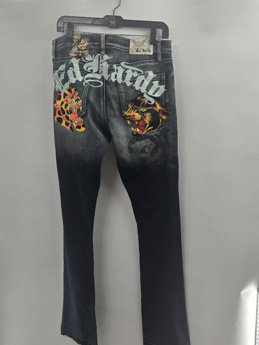 Ed Hardy Mens Dark Wash Blue Embroidered Tiger Stacked Boot Cut Jeans Size 32